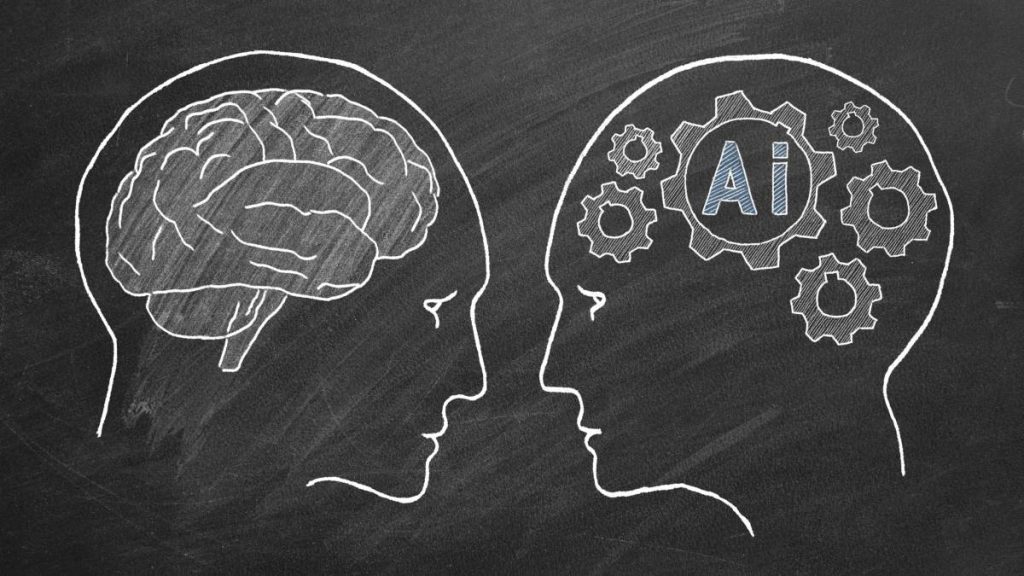 Human intelligence vs artificial intelligence. Face to face. Duel of views. Animated illustration on a school blackboard.